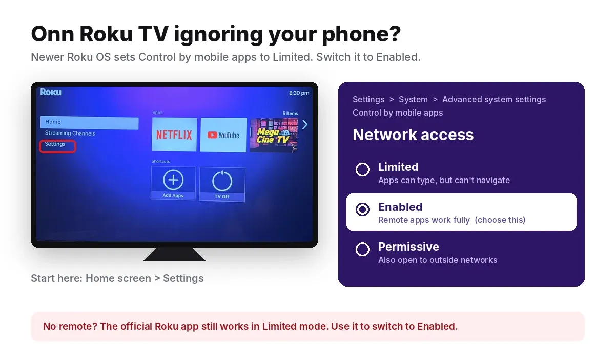 Roku TV Control by mobile apps setting with Network access set to Enabled