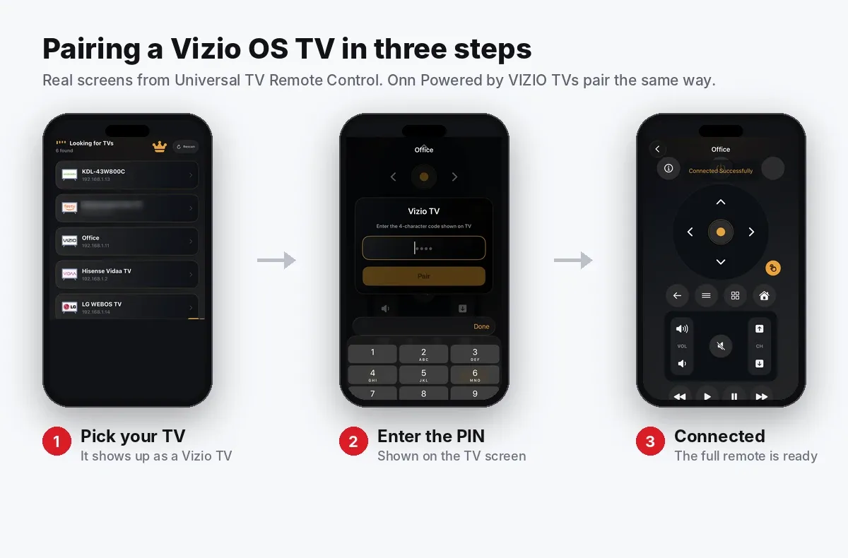 Pairing a Vizio OS TV in the Universal TV Remote Control app: pick the TV, enter the PIN, connected